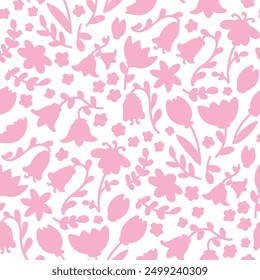 Delicate pink silhouettes of tulips and bells flowers seamless pattern.
