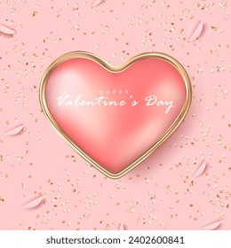 Delicado cuadrado rosa tarjeta de San Valentín con voluminosos corazones enmarcados en oro y oro brillante pequeños destellos
