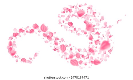 Delicate pink swirl of rose petals. Realistic spiral wind flow with flower. Aroma of cherry blossoms. Bg for gift wrapping, cards for womenday, ValentineDay, birthday or wedding. Vector illustration.