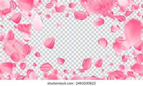 Delicate pink swirl of rose petals. Realistic spiral wind flow with flower petals. The aroma of cherry blossoms. Background women day, Valentine Day, birthday or wedding. Vector illustration.