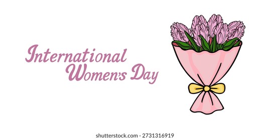 Delicada ilustração vetorial de buquê de tulipa rosa para o banner do Dia Internacional da Mulher