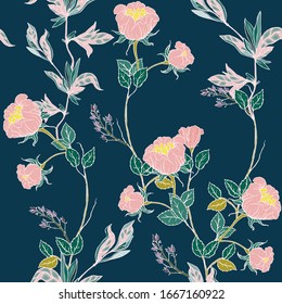 Delicate pink twigs of wild roses with inflorescences, leaves and petals on a dark blue background. Floral seamless pattern. Vector hand-drawn illustration with flowers and plants.