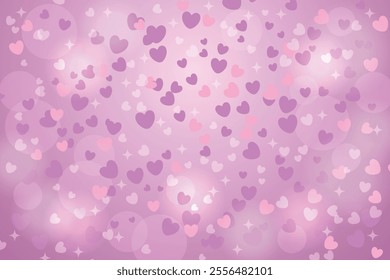 Delicate pink and white abstract bokeh background with hearts and glitter. Vector.