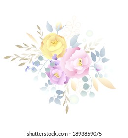 Delicate pink, yellow rose with silver dollar tree leaves. Vector illustration.