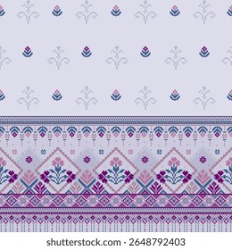 Delicate pixel floral design with tribal motifs in soft violet and pink tones. Features bottom border accent, ideal for textiles and decorative use.