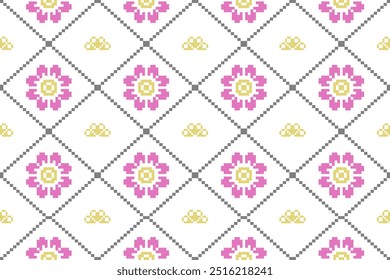 Um delicado padrão floral pixelado com flores rosa e amarelas emolduradas por formas de diamante. As cores suaves e a simetria tornam este design perfeito para têxteis, papéis de parede ou decoração digital.