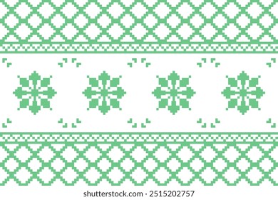 A delicate pixelated floral pattern in soft green, framed by geometric shapes. This elegant design blends classic and modern elements, perfect for textiles, home decor, or digital art.