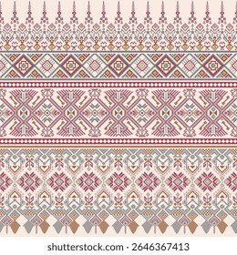 Delicate pixel-style Thai tribal pattern in shades of pink and red. Features symmetric motifs and cultural charm, great for crafts and digital use.