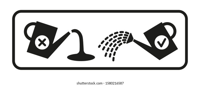 Delicate plant watering instructions vector icon Garden supplies with a «rose» device to break up the stream flat graphic with tick and cross symbols. 