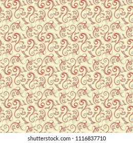 Delicate plants of pink, purple, blue and brown colors on the pale yellow background, seamless vector as a fabric texture