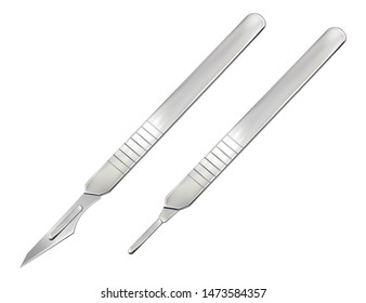 Delicate pointed scalpel with removable blade. Manual surgical instrument. Realistic object on a white background. Vector illustration