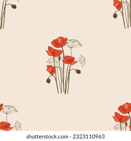 Delicate poppies on a pastel background. Seamless vector pattern.