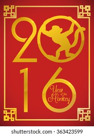 Delicate post card in fine Chinese pattern for New Year with a monkey silhouette.