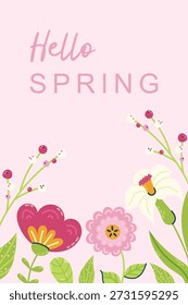 Delicate postcard with inscription Hello Spring and flowers frame. Seasonal hand drawn card, poster, web banner. Vector illustration on pink background.