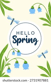 Delicada postal con inscripción Hola Primavera y marco de flores de lirio del valle. Tarjeta dibujada a mano de temporada, cartel, Anuncio de Web. Ilustración vectorial.