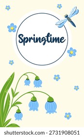 Delicate postcard with inscription springtime and frame of lily of the valley flowers. Seasonal hand drawn card, poster, web banner. Vector illustration.