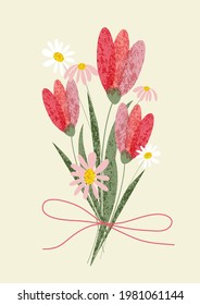 A delicate postcard with a picture of a spring bouquet of tulips and daisies. 