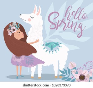 Afiche Delicado en color pastel "Hello spring" con flores y hada. Ilustración vectorial editable