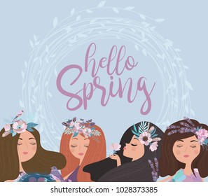 Delicate poster in pastel color "Hello spring" with flowers and fairy. Editable vector illustration