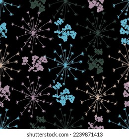 Delicate pressed floral patterns and dried flower arrangements are placed on black background. Floral bouquet Watercolor handpainted illustration. 