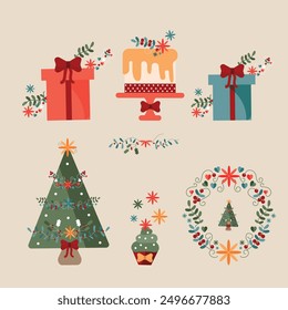 Delicate print with a Christmas theme, patterns with Christmas tree and garland with floral branches and arabesques, cakes, cupcakes and gifts