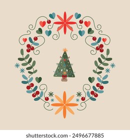 Delicate print with a Christmas theme, patterns with Christmas tree and garland with floral branches and arabesques, cakes, cupcakes and gifts