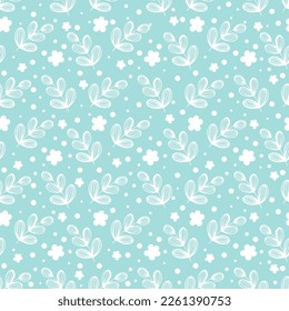 Delicate print with leaves and flowers on blue. Semless simple pattern