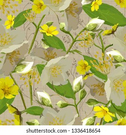 Delicate provincial floral design with jasmine flowers and yellow field plants. Seamless vector. Botanical motifs are scattered randomly on a Gray background with silhouettes of herbs. For textiles