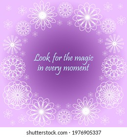 Delicate purple background with white abstract flowers. Round frame for quotes or greetings. Decorative vector gradient background