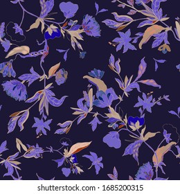 Delicate purple floral ornament of branches, leaves and inflorescences on a violet background. Seamless pattern. Vector hand-drawn illustration.
