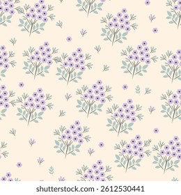 Delicate Purple Floral Seamless Pattern with Leaves Elegant Botanical Design	