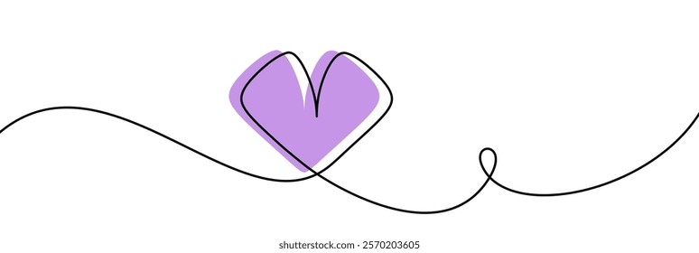 A delicate purple heart outlined with black lines and flowing curves. A beautiful vector illustration for romantic designs.