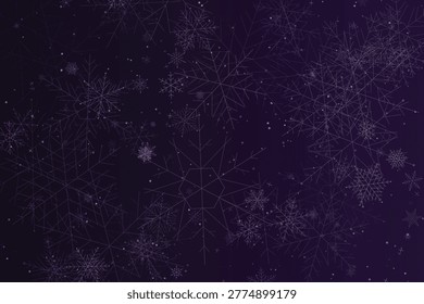 Delicate purple snowflakes and geometric lines on dark background, winter cold