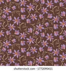 Delicate purple wildflowers seamless vector pattern on dark brown background. Decorative feminine moody surface print design for fabrics, textiles, stationery, scrapbooking, giftwrap, and packaging,