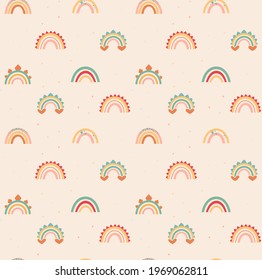 Delicate rainbows in boho style. Vector seamless pattern on a beige background. Flat print with dino decor elements. for wallpaper, packaging, textiles, and more.