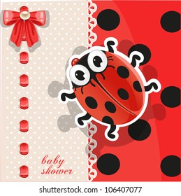 Delicate red baby shower card with cute cartoon ladybug