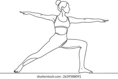 Delicate and Refined Line Art Depiction of a Woman in a Serene Warrior Yoga Pose, Showcasing the Harmony Between Body and Mind Through Minimalist Strokes and Aesthetic Simplicity, Perfect for Wellness