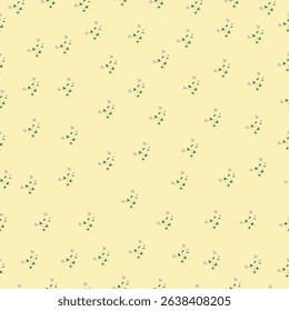 Delicate repeating floral pattern with small lilac flowers and green leaves on a light yellow background. Perfect for textiles, fashion, packaging, wallpapers, and home decor