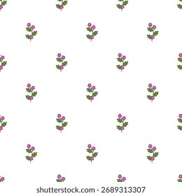 A delicate repeating pattern featuring small purple flowers with green leaves against a clean white background. Ideal for textiles, wallpapers, packaging,