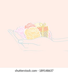 Delicate retro style illustration of two cupped hands holding beautiful roses and a gift as an offering to a sweetheart or loved one on a special occasion in soft pastel colors