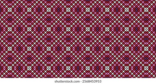 A delicate and romantic geometric pattern featuring a repeating motif of pink and red shapes on a white background. This feminine and eye-catching design is perfect for creating a soft and dreamy aest