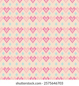 Delicate romantic geometric pattern featuring whimsical heart shapes crafted from triangular elements in soft magenta, set against a warm cream background with scattered turquoise diamond accents. 