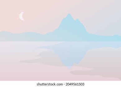 Delicate, romantic landscape. Sea, ocean at sunset. Mountains and moon.  Background for screen, computer, phone