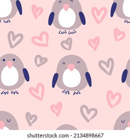 Delicate romantic seamless pattern with penguins and hearts. Perfect for T-shirt, textile and print. Doodle style vector illustration for decor and design.