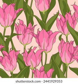 
Delicate romantic spring pattern, seamless vector pattern with pink tulips and green leaves on a light background