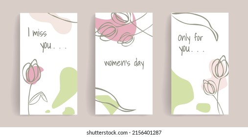 Delicate, romantic vector layout with tulips for social media post, story, banner, mobile phone, web, advertising. Design with copy space for text. Stylish pastel colors, green, pink, white