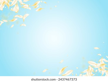 Delicate Rose Beauty Vector Blue Background. Gold Summer Flower Banner. Yellow Lotus Fall Backdrop. Beige Sakura Fly Design. Japanese Cherry Frame.