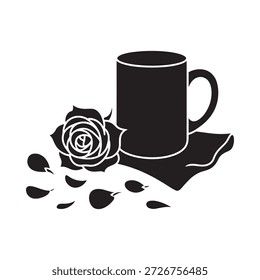 Una delicada rosa y una taza de café descansando sobre una simple servilleta