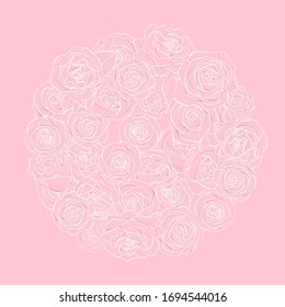 Delicate rose flowers are arranged in a circle. White outline on a pink background. Vector illustration.