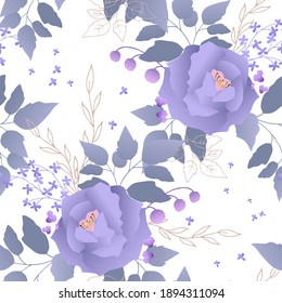 Delicado rosa con hojas. Patrón sin foco. Ilustración vectorial.